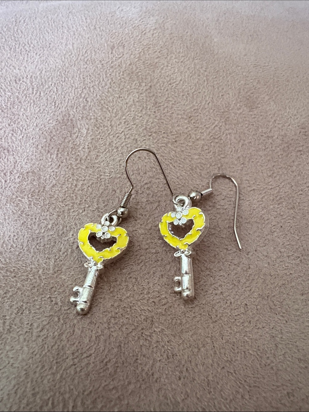 Heart Key Dangle Earrings - Yellow Enamel